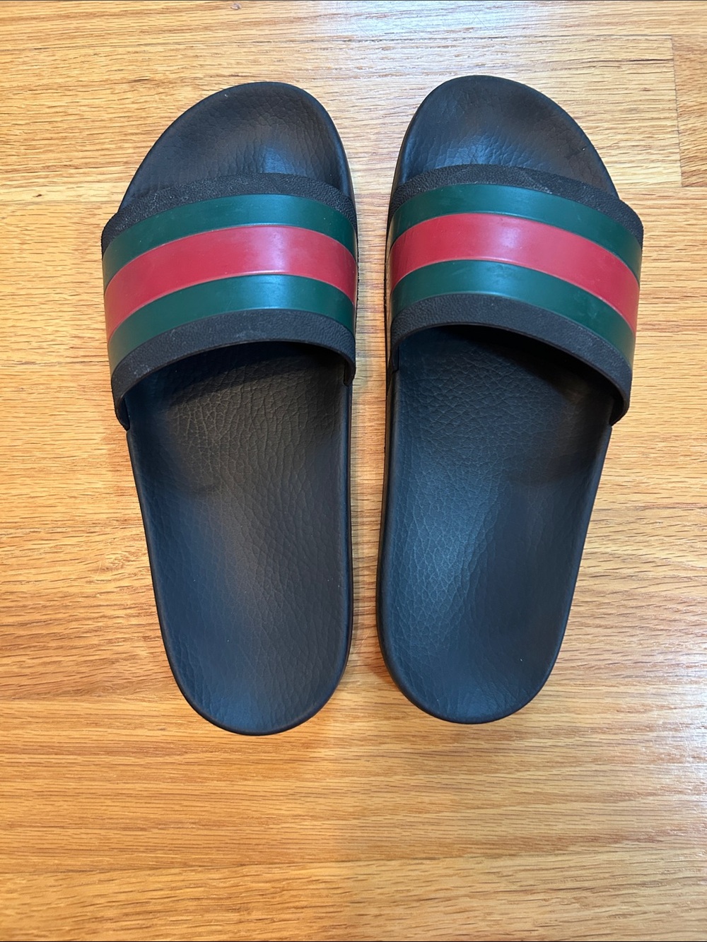 Gucci Black Slides with Red and Green Stripe Detail